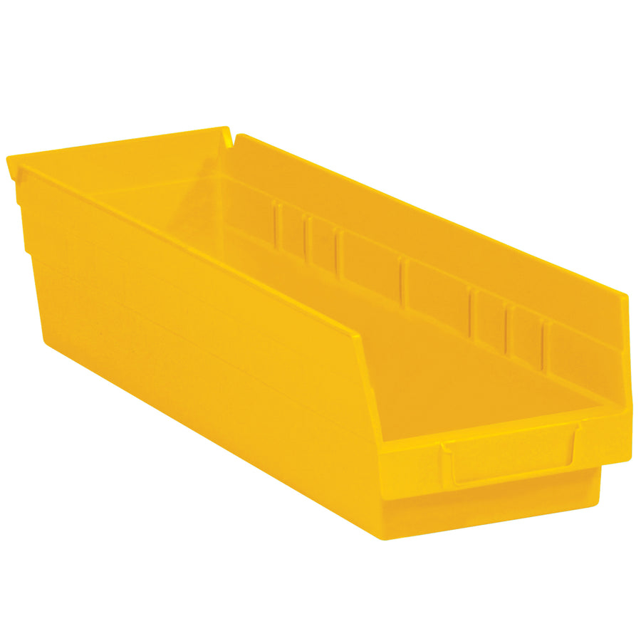 Maximize warehouse efficiency with these durable yellow plastic shelf bins featuring built-in label holders and rear hanglocks for complete inventory access. Each case of 20 bins measures 17 7/8" x 4 1/8" x 4" and resists grease, oil, and chemicals. Perfect for parts organization, medical storage, and industrial shelving applications.