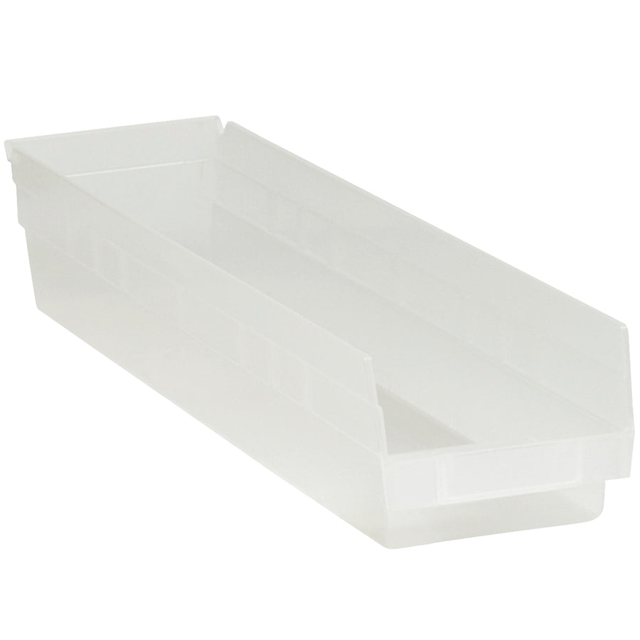 Clear plastic shelf bin boxes designed for maximum visibility and instant content identification. Each case includes 16 nestable, durable polypropylene bins with integrated label holders and rear hanglocks for secure shelving. Inside dimensions: 22 1/8" x 3" x 4"–perfect for parts organization, medical storage, and industrial applications.