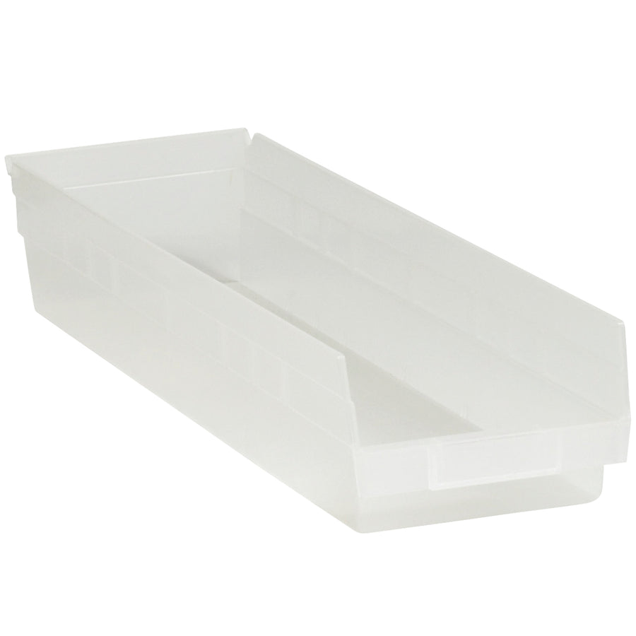 Instantly identify contents with transparent polypropylene construction. These 23 5/8" × 6 5/8" × 4" nestable plastic bin boxes feature a built-in rear hanglock, slotted label holder, and waterproof design resistant to grease, oil, and chemicals. Sold as a case of 8 for efficient parts organization and shelf storage.