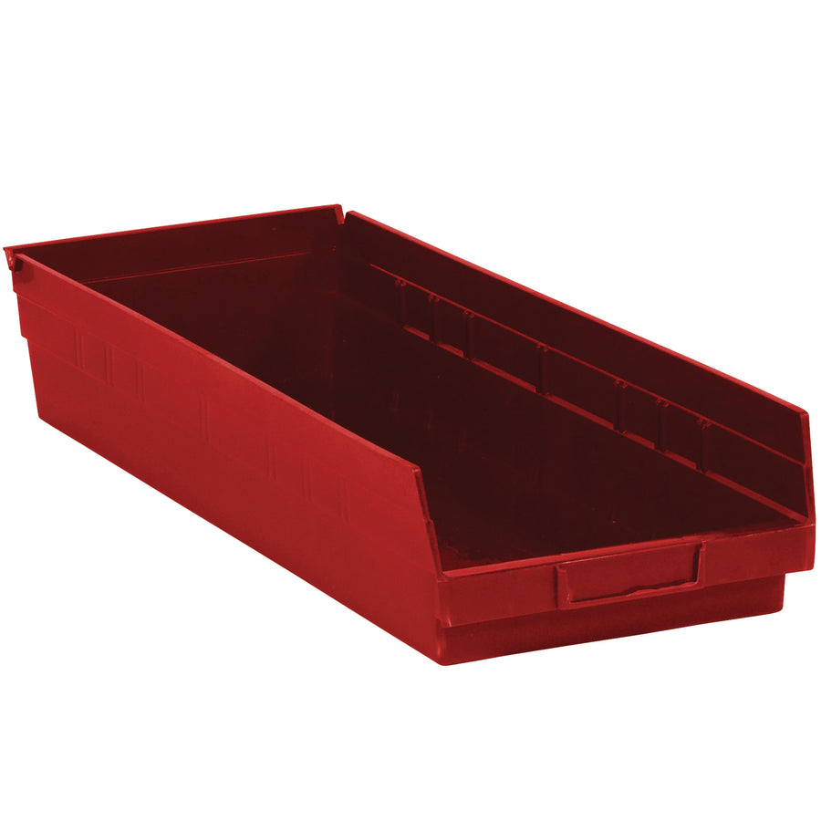 Maximize warehouse and parts storage efficiency with these durable red plastic shelf bins. Measuring 23 5/8" x 8 3/8" x 4" (inside: 22 1/8" x 7 1/8" x 4"), they feature built-in label holders and rear hanglocks for easy access on shelving units. Sold by the case (6 bins) in FDA-compliant polypropylene–reusable, waterproof, and chemical-resistant.