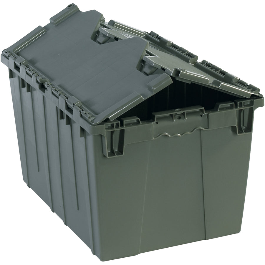 Heavy-duty gray plastic round trip tote designed for efficient order picking and distribution operations. Features interlocking tops secured with steel hinges and a textured, non-slip bottom for maximum load stability. Dimensions: 20 1/4" L x 14 1/4" W x 12 3/4" H, sold individually.