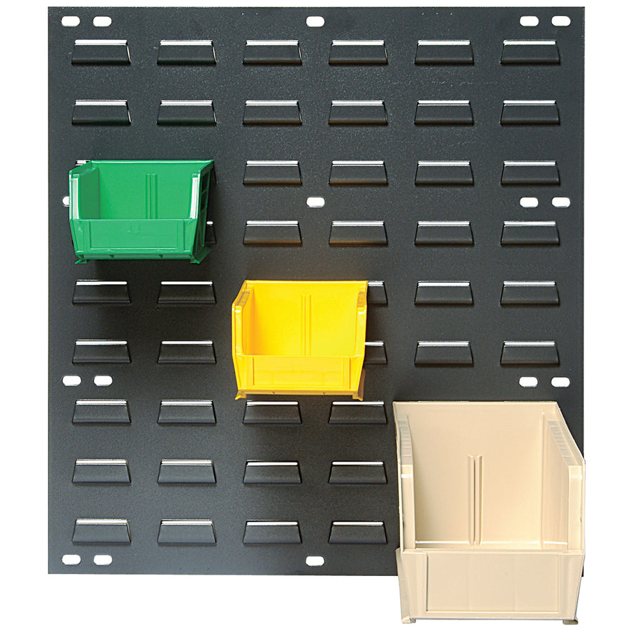 Space-saving 18x19" steel wall mounted panel rack designed for industrial facilities that need to maximize vertical storage without sacrificing floor space. Features a robust 175 lb weight capacity and gray powder-coated steel construction. Customize your organization by selecting bin sizes that match your workflow–Stack & Hang bins sold separately.