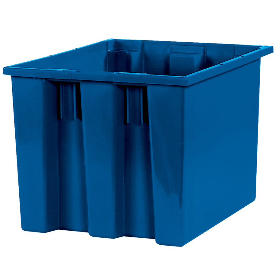 Maximize warehouse floor space with these stackable blue plastic bins that nest compactly when empty and stack securely when loaded. The textured non-slip bottom keeps contents stable on shelves or pallets, while the 17x14.5x12.8" dimensions fit standard rack widths. Order by the case of 6 with optional lids available.