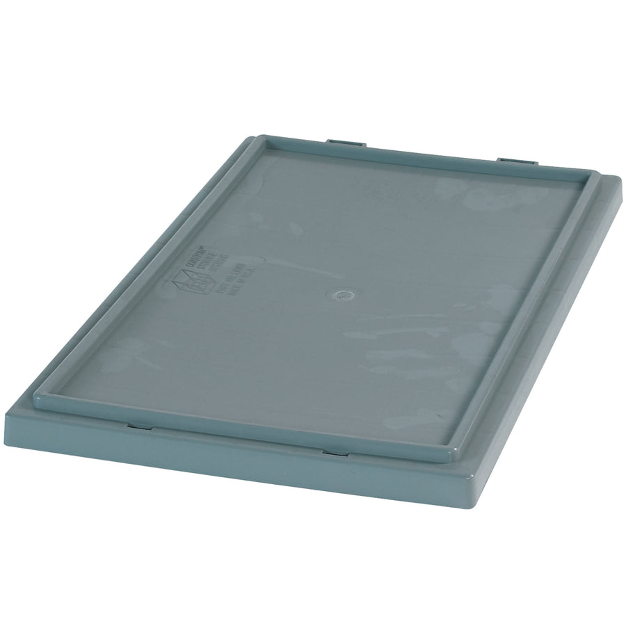 Secure your stackable bin contents with these 16x10" gray plastic lids featuring tight-snap closure and optional locking mechanism. Compatible with BINS112 containers, sold as a case of 6 units. Cost-effective protection for industrial storage and shipping.