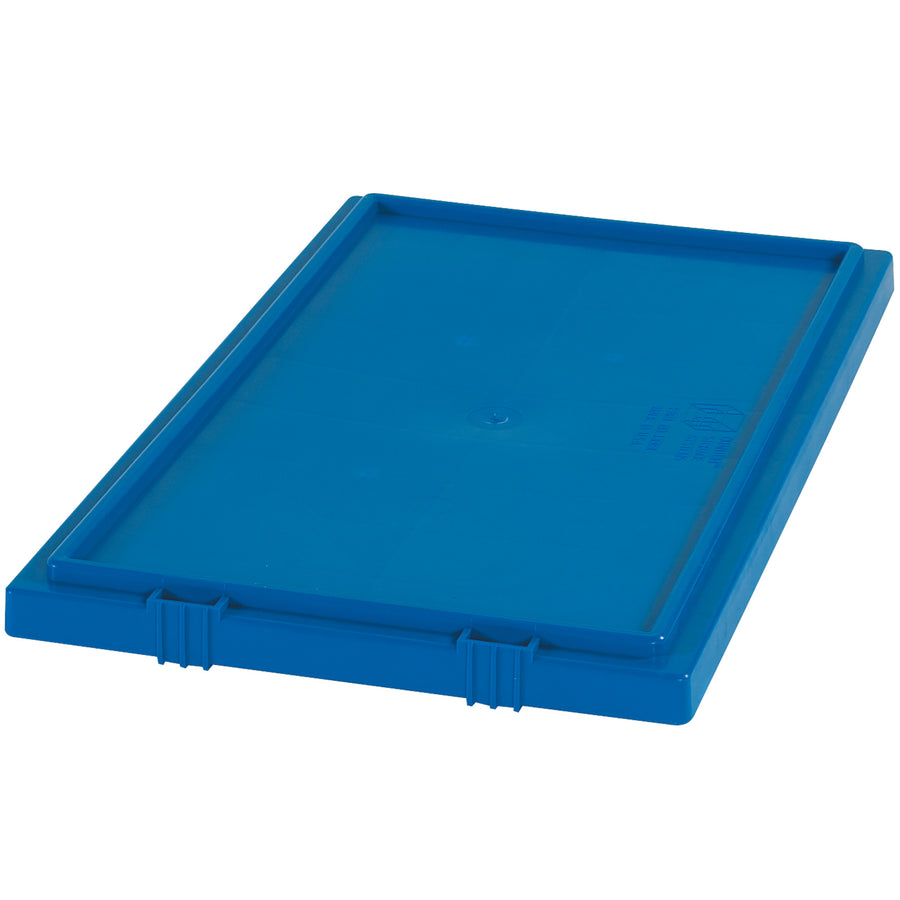 Heavy-duty blue plastic lids snap securely onto BINS119 stack and nest containers to protect your shipments and stored goods. Tight snap closure and optional locking mechanism prevent accidental opening during transit or storage. Pack of 3 lids per case–cost-effective protection for industrial packaging operations.