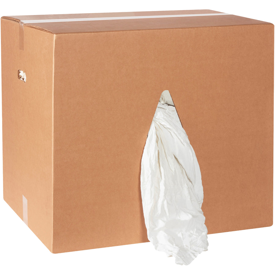 Industrial-grade white T-shirt rags in a convenient 50 lb. dispensing box designed for maximum efficiency. These sanitized cotton/polyester blend wipers are soft, absorbent, and ideal for facilities maintenance and janitorial operations. Order by the case (415 units) for reliable, cost-effective cleaning supplies.