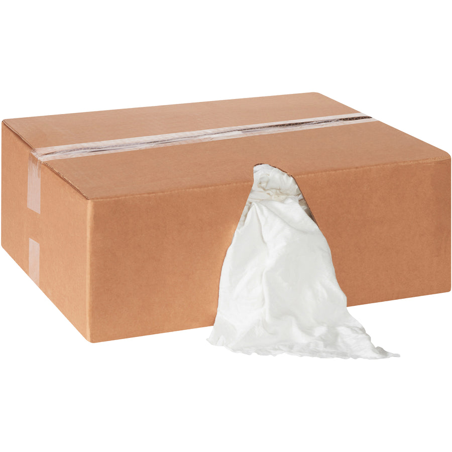 Sanitized reclaimed white cotton knit rags delivered in convenient 10 lb. dispensing boxesβcase of 80 units. Soft, absorbent, and free of small pieces and printing, these industrial wipers are engineered for heavy-duty cleaning tasks without lint shedding.