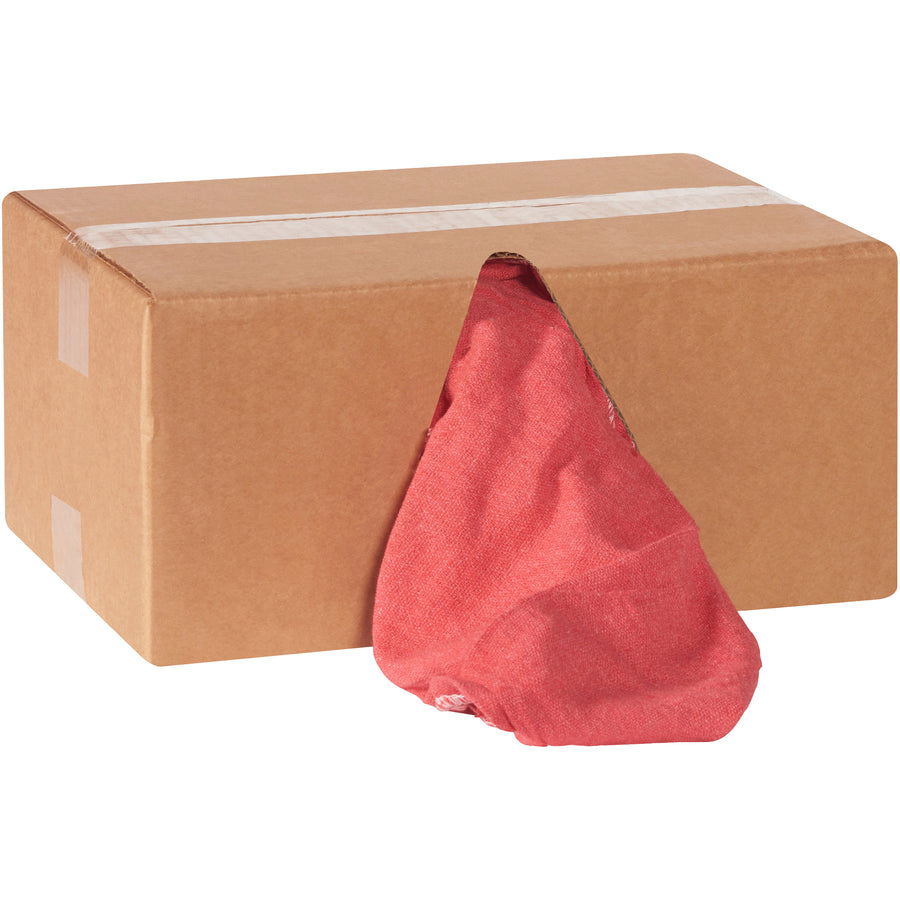 Industrial-grade 14x14" red cotton shop towels designed for heavy-duty cleaning in manufacturing, maintenance, and janitorial operations. Each case contains 60 hemmed rags that are launderable for extended reuse, reducing long-term supply costs. Hemmed edges resist unraveling even after repeated washing and use.