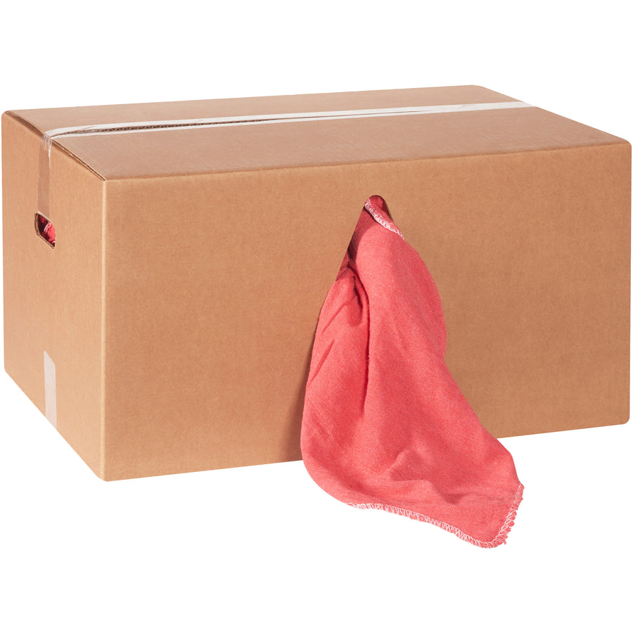 Heavy-duty red cotton shop towels sized 14" x 14" for maximum absorbency and durability. Each case contains 350 launderable rags with hemmed edges to resist unraveling. Ideal for manufacturing, maintenance, and janitorial applications where cost-efficiency and reusability matter.