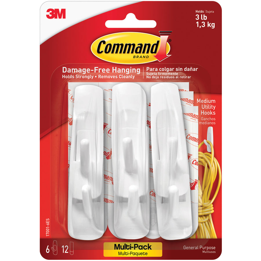 Command Medium hooks deliver secure, damage-free hanging on any surface‚no tools or holes required. These 3" x 7/8" plastic strips remove cleanly without residue, marks, or stains. Order by the case (6 packs) for industrial facilities, offices, and maintenance teams.