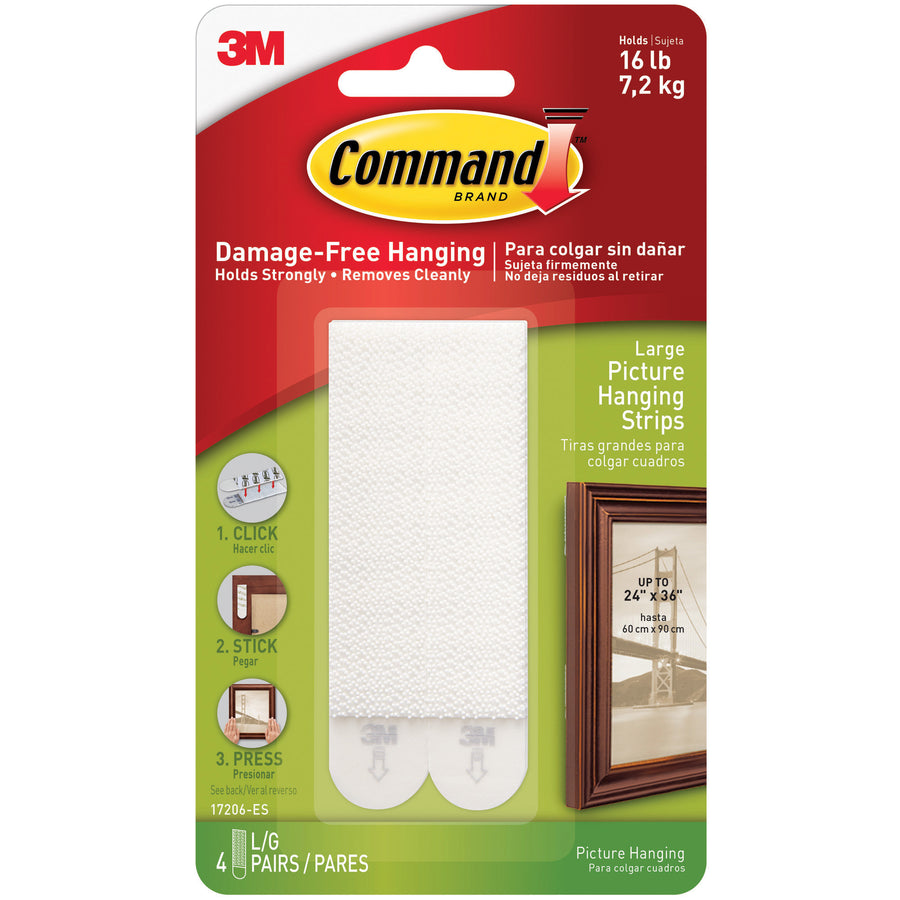 Industrial-strength Command Picture Hanging Strips deliver secure, residue-free wall mounting for facilities and offices. Each large strip measures 3 5/8" x 3/4" and holds on smooth surfaces without nails, anchors, or damage. Case of 4 packs for bulk purchasing.