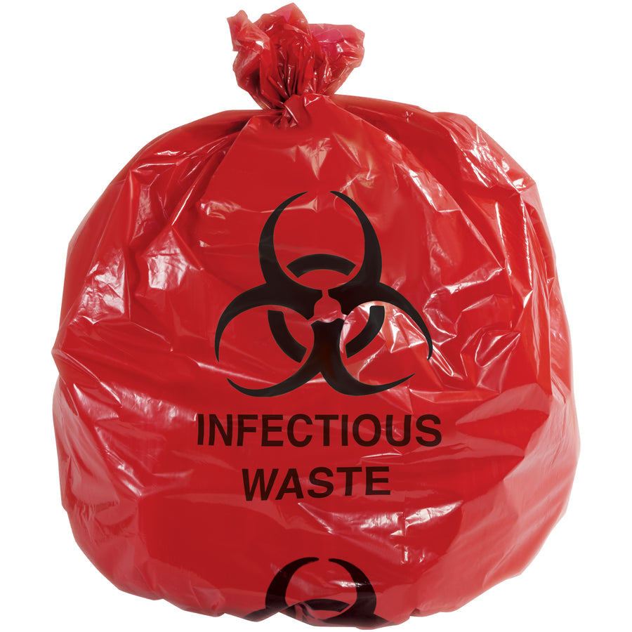 Healthcare facilities trust these red infectious waste trash bags to safely contain biohazard materials and meet disposal compliance. 40" x 46" dimensions, 1.1 mil linear low-density polyethylene construction, and bold "Infectious Waste" printing for clear workplace safety. Case of 100 liners.