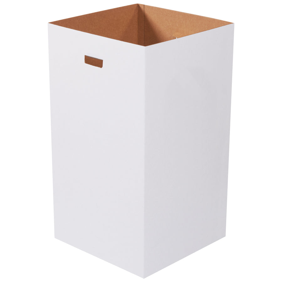 Heavy-duty 50-gallon corrugated trash cans built from 200# ECT-32 singlewall material–designed for maximum durability and cost efficiency. Bundle of 10 ships and stores flat, reducing freight costs and warehouse space. Self-locking flaps and integrated hand holes simplify setup and transport across events, facilities, and outdoor operations.