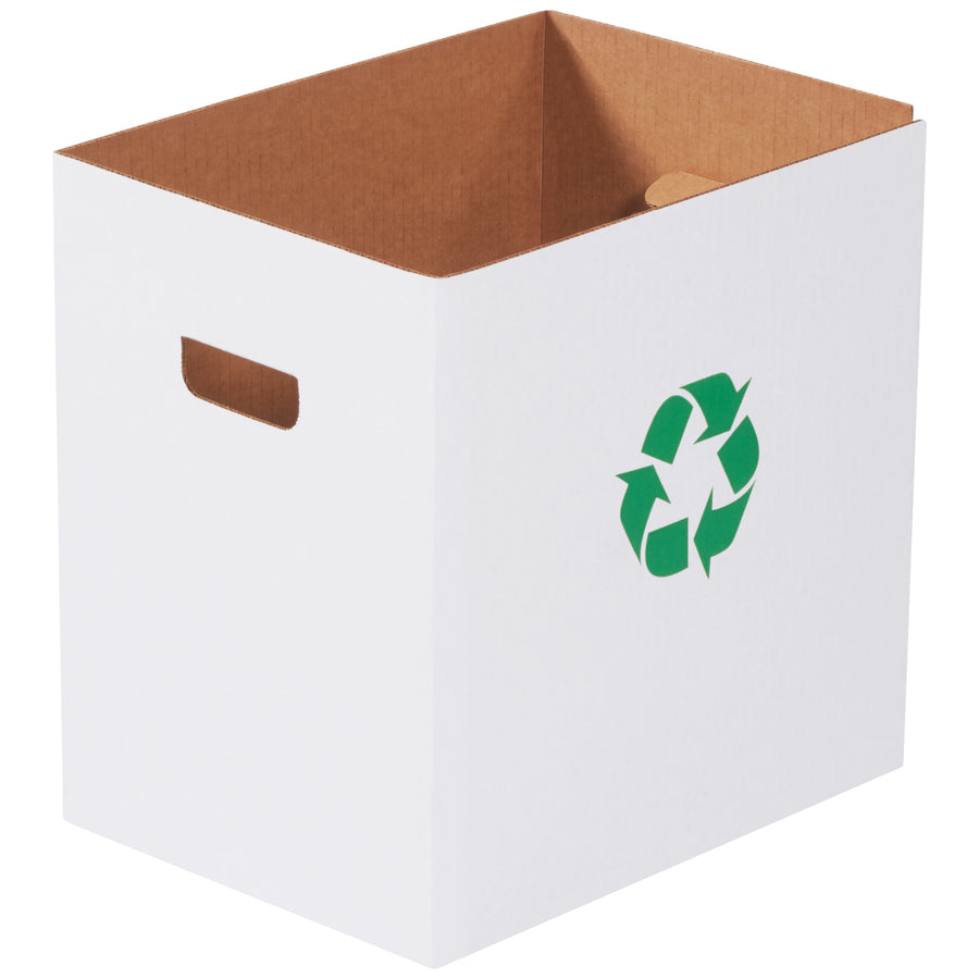 Industrial-grade 7 gallon corrugated recycling bins with self-locking bottom flaps and hand holes for easy setup and transport. Built from durable 200# ECT-32 singlewall corrugated. Ships flat in bundles of 20 to maximize storage and freight efficiency.