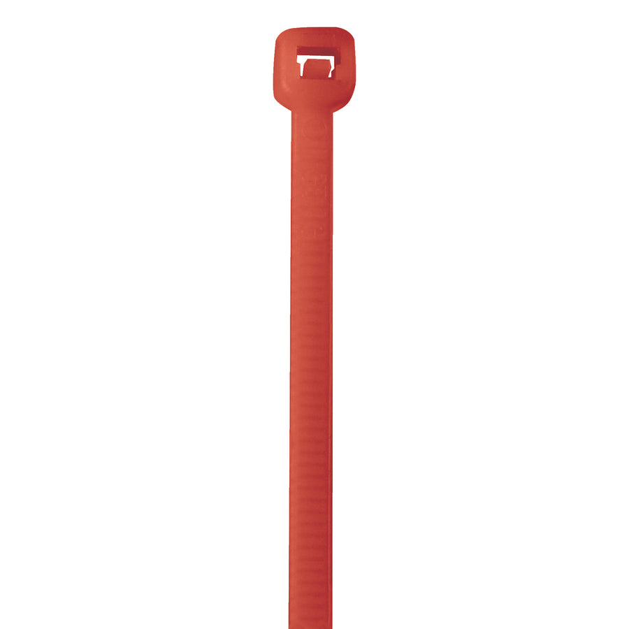 High-visibility 11" fluorescent red cable ties with permanent lock-tight mechanism that will not move or loosen. 50lb nylon construction rated for industrial bundling, shipping, and storage applications. Sold by the case of 1000 units for bulk efficiency.
