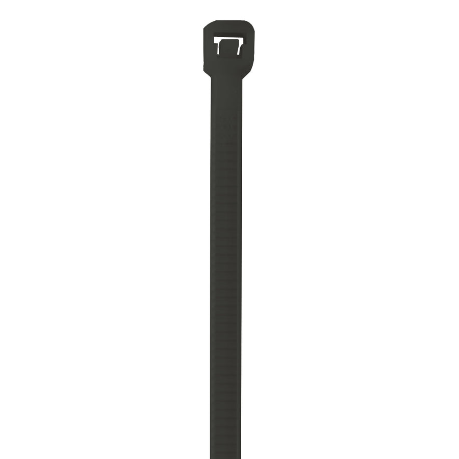 UV-stabilized black cable ties engineered for continuous outdoor exposure and harsh environments. 10" length, 40lb nylon construction, sold in cases of 500. Permanently secure cords, cables, and bundles with tamperproof locking design.