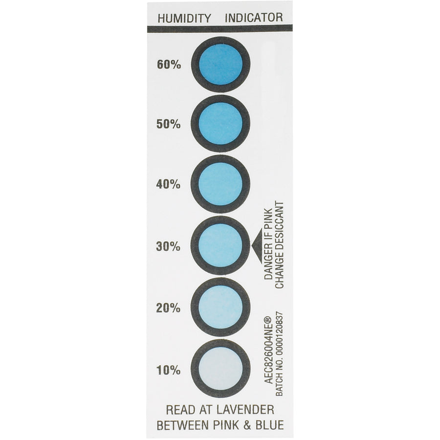 Monitor humidity levels across 10-60% range with instant color-change technology‚blue to pink indicators for reliable moisture tracking. Compact 1 9/16" x 4 3/4" format ships in convenient 200-unit cases, ideal for high-volume shipping rooms. Essential shipping room supplies for compliance and product protection.