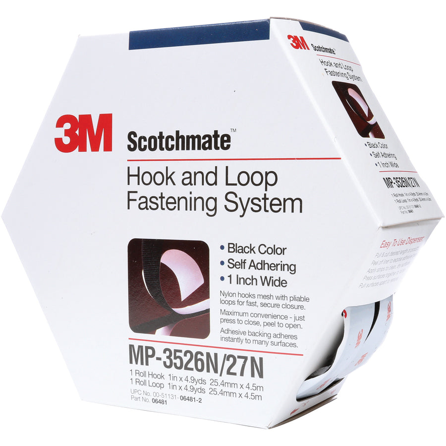 Scotchmate™ combo pack fasteners deliver reliable hook and loop bonding for packing line applications. Each 1" x 15' nylon strip features high-performance rubber adhesive that grips paper, cardboard, metal, and plastics. Case of 5 mini-packs–ideal for low-volume sealing and secure fastening without case damage.