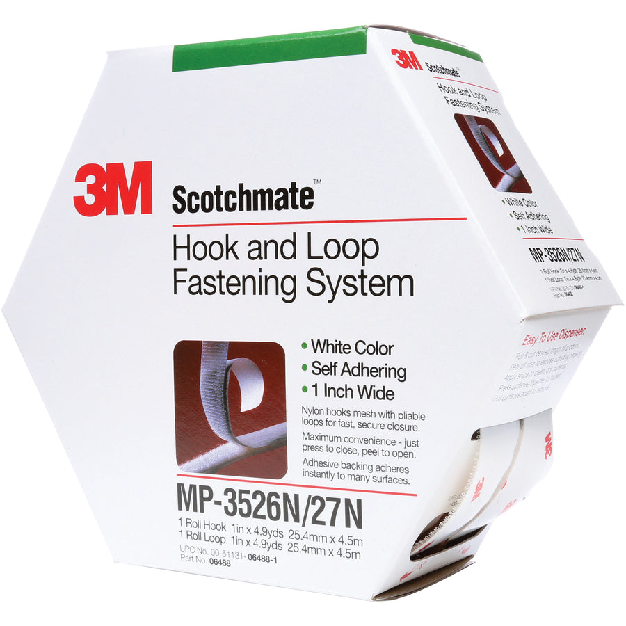 Mini-pack Scotchmate™ hook and loop fasteners sized for low-volume, small applications on your packing line. Each case delivers 5 combo packs of 1" x 15' white nylon tape with high-performance rubber adhesive that grips cardboard, metal, glass, sealed wood, and plastics reliably. Medium temperature rated for standard indoor warehouse and production environments.