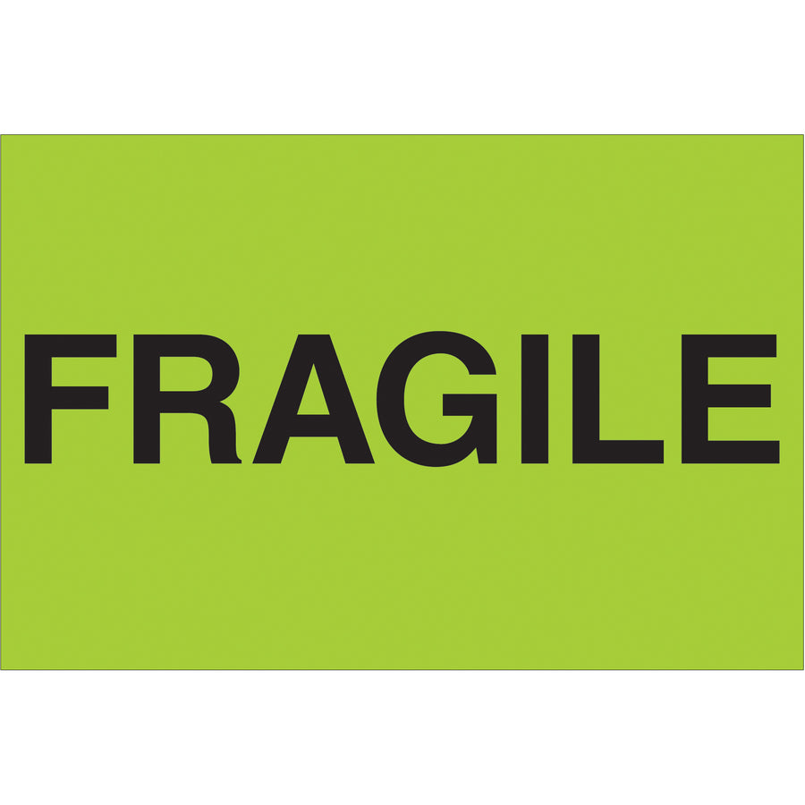 High-visibility fluorescent green fragile shipping labels that command attention in any warehouse or distribution center. These 2" x 3" semi-gloss coated labels are printed with bold, three-color design to ensure handlers immediately recognize delicate contents. Roll of 500 labels for seamless integration with standard dispensers.