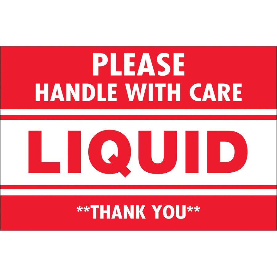 Bright red "Please Handle With Care - Liquid" labels (2x3") on semi-gloss coated paper ensure immediate visibility and regulatory compliance. Roll of 500 labels with tabletop and wall-mount dispenser compatibility. Professional appearance for every fragile shipment.