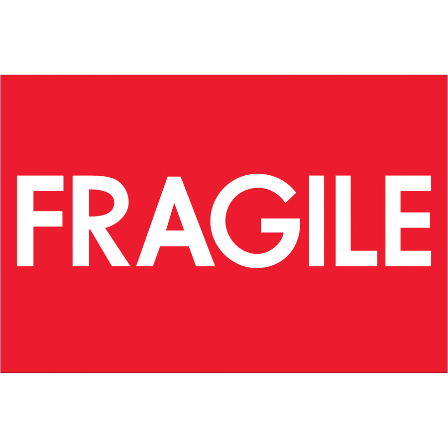 Bright red fluorescent shipping labels with bold "Fragile" messaging in solid black‚designed to grab handler attention and enforce proper care standards. 2" x 3" semi-gloss coated paper, 500 labels per roll. Works seamlessly with Packrift table-top and wall-mount label dispensers for streamlined warehouse operations.