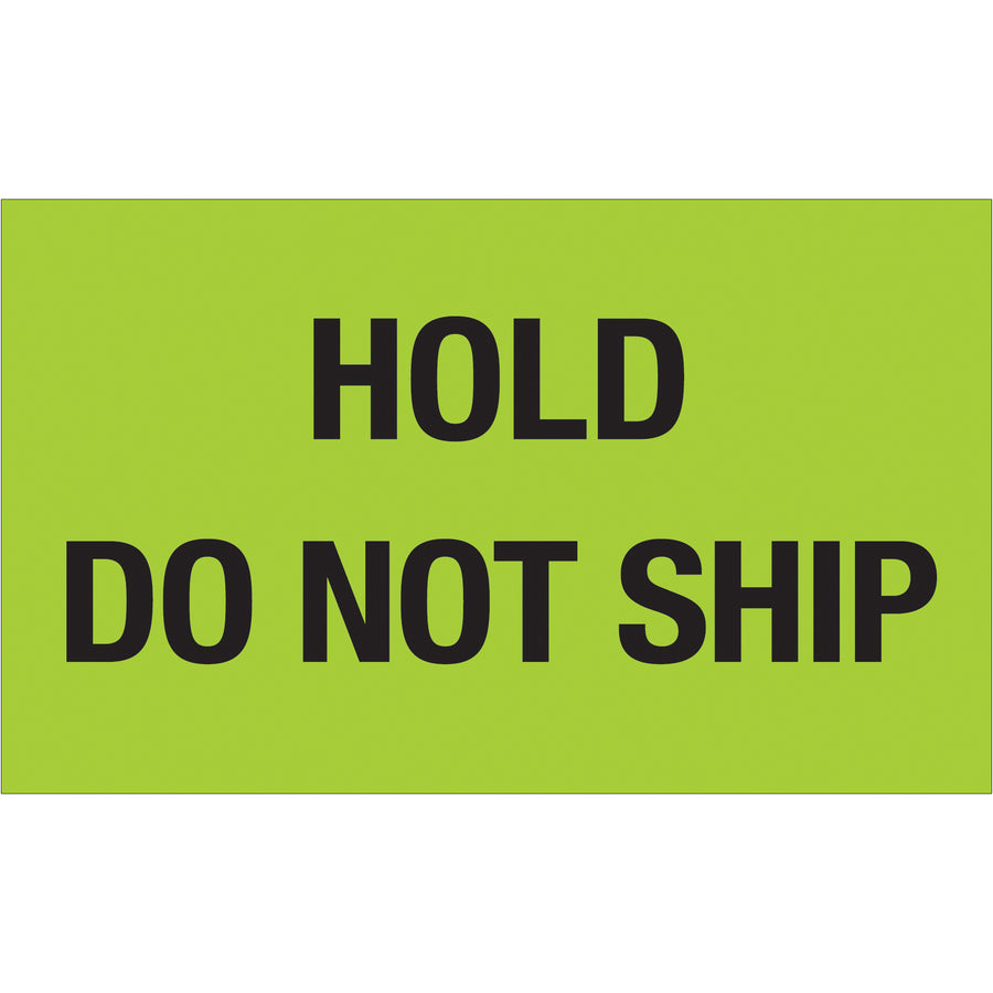 Internationally recognized 3" x 5" fluorescent green "Hold - Do Not Ship" labels stop costly shipping errors before they happen. Printed on durable semi-gloss coated paper with bold visibility in any warehouse environment. 500 labels per roll–compatible with all major tabletop and wall-mount dispensers.