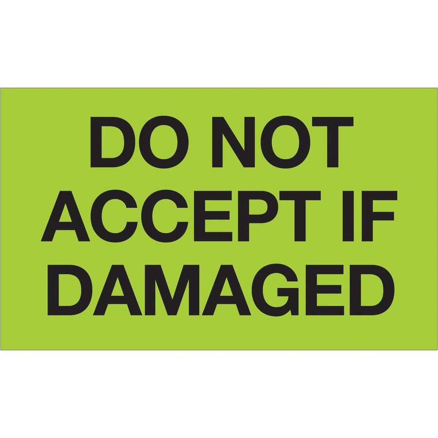 Internationally recognized 3x5 fluorescent green "Do Not Accept If Damaged" labels printed on semi-gloss coated paper. Each roll contains 500 labels designed for maximum visibility during shipping and receiving operations. Compatible with tabletop and wall-mount label dispensers for seamless warehouse integration.