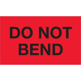 High-visibility fluorescent red "Do Not Bend" labels (3" x 5") printed on durable semi-gloss coated paper. Each roll contains 500 labels–ideal for shipping coordinators who need immediate, compliant special handling identification. Internationally recognized marking ensures your packages receive proper handling across all supply chains.