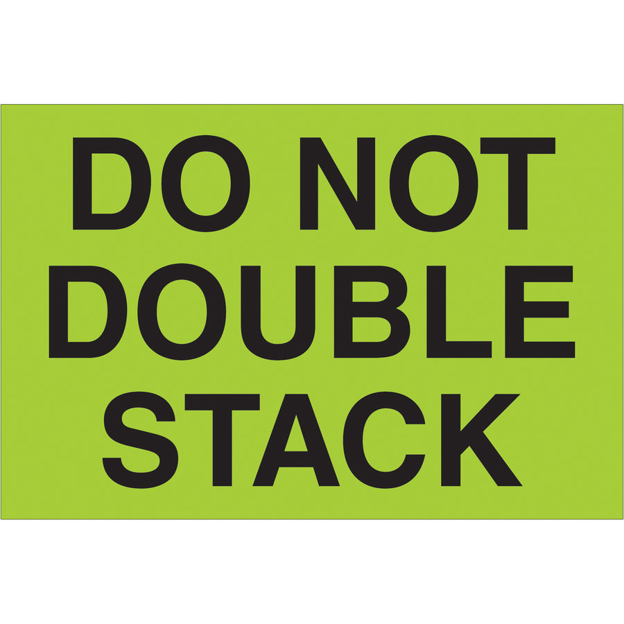 High-visibility fluorescent green "Do Not Double Stack" warning labels protect shipments from handling damage. 2" x 3" semi-gloss coated paper, 500 labels per roll. Internationally recognized special handling compliance for shipping coordinators managing critical freight.