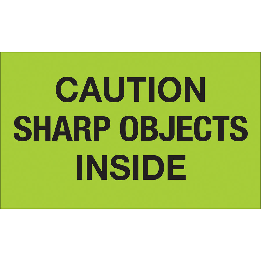 Protect your shipments with internationally recognized "Caution Sharp Objects Inside" labels. These 3x5 fluorescent green labels on semi-gloss coated paper provide high-visibility special handling warnings that shipping coordinators and logistics teams rely on for regulatory compliance. Sold in convenient 500-label rolls with compatible tabletop and wall-mount dispensers available.