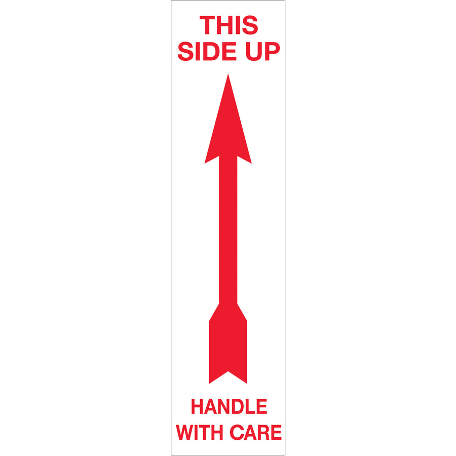 Protect shipments with high-visibility 2" x 8" Up Arrow Labels printed on durable semi-gloss coated paper. Each roll contains 500 labels, ready to peel and apply. Essential for freight handlers and shipping coordinators to ensure packages are oriented correctly during transit and warehousing.