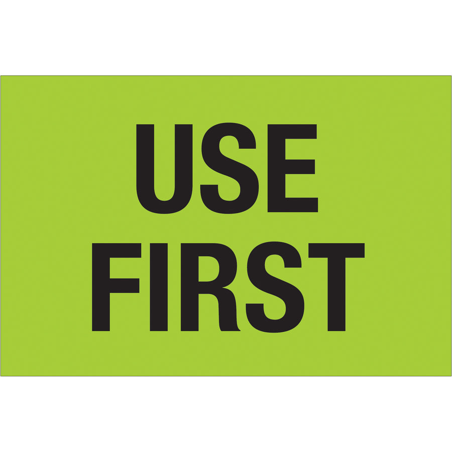 High-visibility fluorescent green "Use First" labels ensure first-in-first-out (FIFO) compliance and reduce shipping errors in your warehouse. Pre-printed on premium high-gloss paper at 2" x 3" size, 500 labels per roll. Compatible with standard tabletop and wall-mount dispensers for organized, efficient labeling workflows.