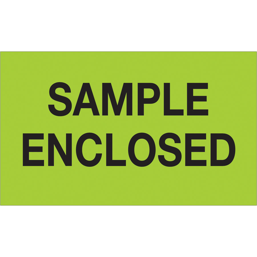 High-visibility 3x5" fluorescent green "Sample Enclosed" labels printed on durable semi-gloss coated paper. Recognized across multiple countries for customs and sample shipments. Roll of 500 labels with compatible tabletop and wall-mount dispensers in stock.