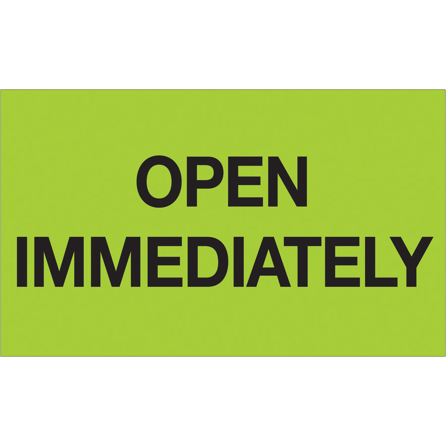 Highly visible 3" x 5" fluorescent green receiving labels with "Open Immediately" messaging–printed on durable semi-gloss coated paper for superior durability and readability in warehouse environments. Each roll contains 500 labels and pairs seamlessly with Packrift's tabletop and wall-mount dispensers for efficient receiving operations.