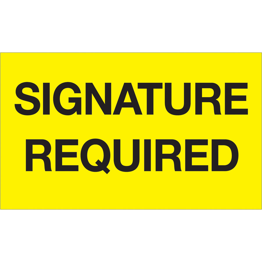 Internationally recognized 3x5" Signature Required labels ensure proof-of-delivery compliance across multiple countries. Printed on durable semi-gloss coated paper with high-visibility fluorescent yellow finish. 500 labels per roll with compatible tabletop and wall-mount dispensers in stock.