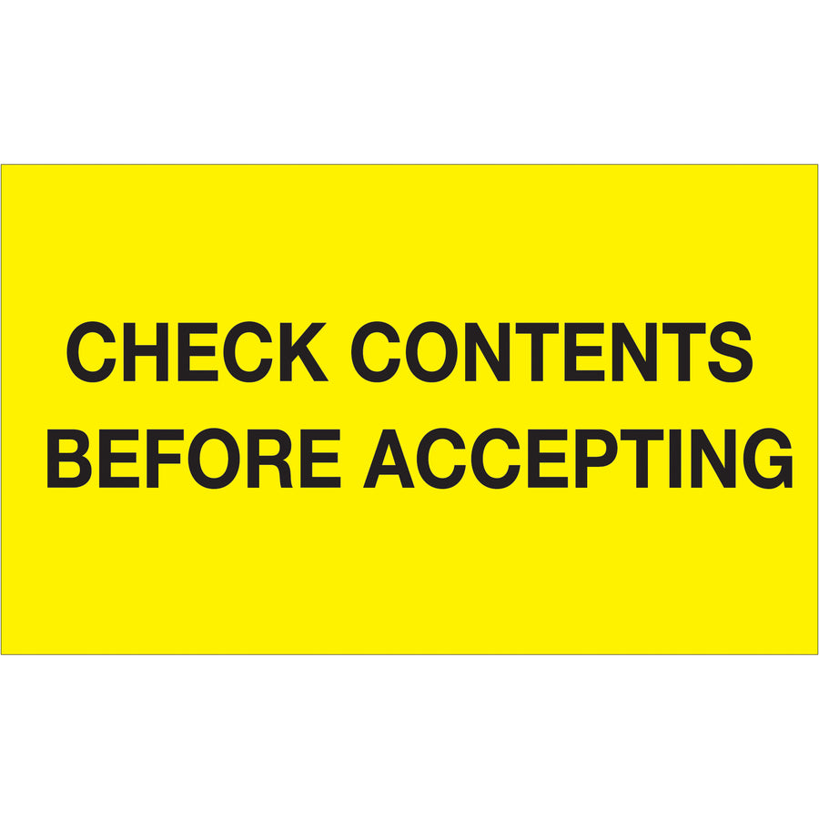 High-visibility 3x5" fluorescent yellow "Check Contents Before Accepting" labels recognized across multiple countries for international shipments. Printed on durable semi-gloss coated paper and sold as a roll of 500 labels, these pallet protection labels ensure your shipping compliance standards are met while maximizing contents visibility at every handling point.