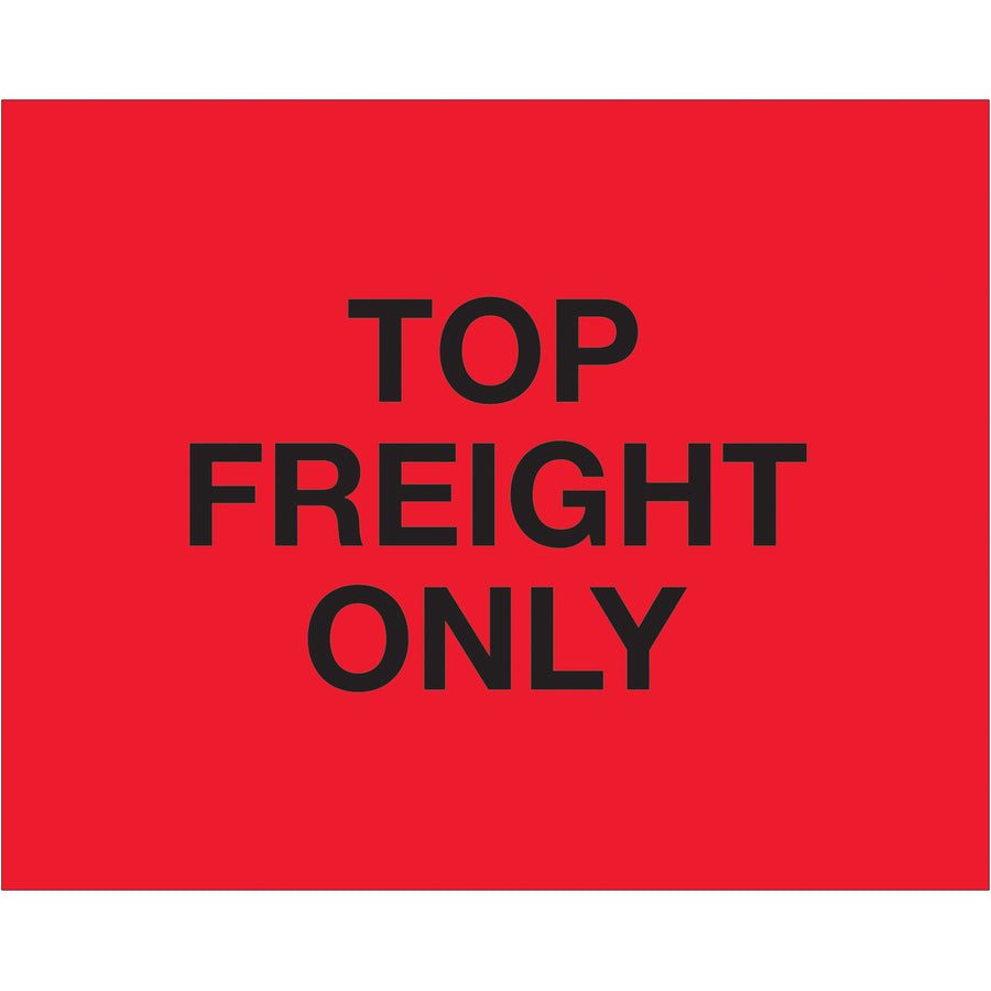 Internationally recognized 8x10" fluorescent red "Top Load Freight Only" pallet protection labels printed on durable semi-gloss coated paper. Roll of 250 labels ensures compliance visibility across multiple countries. Compatible with Packrift's table-top and wall-mount dispensers for efficient warehouse application.