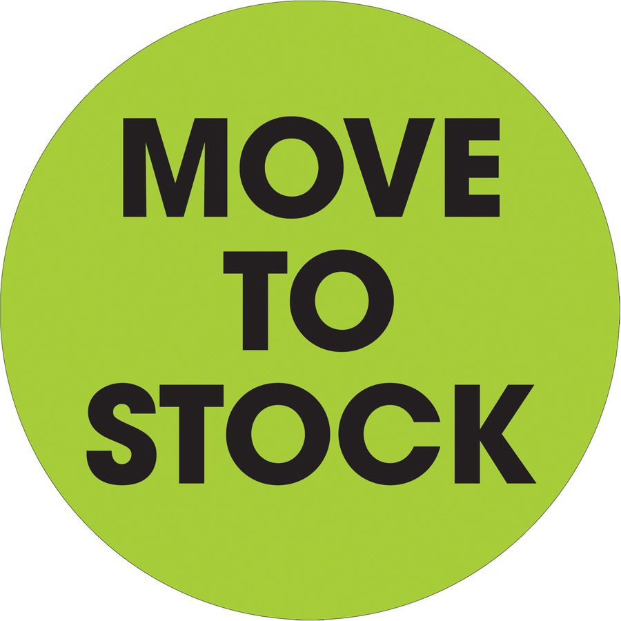 Maximize warehouse visibility with these 2" diameter fluorescent green circle labels printed on premium high-gloss paper. Each roll contains 500 labels‚ideal for shipping coordinators and logistics teams managing fast-paced inventory operations. Pre-printed "Move To Stock" messaging ensures OSHA-compliant, instantly recognizable stock rotation without manual writing.