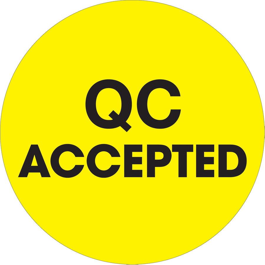 High-visibility fluorescent yellow circle labels ensure rapid QC acceptance identification across your warehouse and distribution operations. 2" diameter pre-printed labels on premium high-gloss paper deliver superior adhesion and durability. Roll of 500 labels with compatible table-top and wall-mount dispensers available.