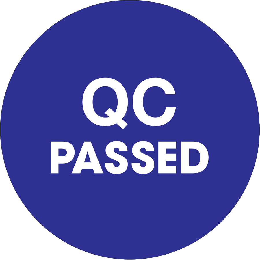 Pre-printed 2" diameter blue circle labels with "QC Passed" text for rapid warehouse inventory management. High-gloss paper construction ensures durability and visibility in fast-paced logistics environments. Sold in rolls of 500 with compatible tabletop and wall-mount dispensers available.