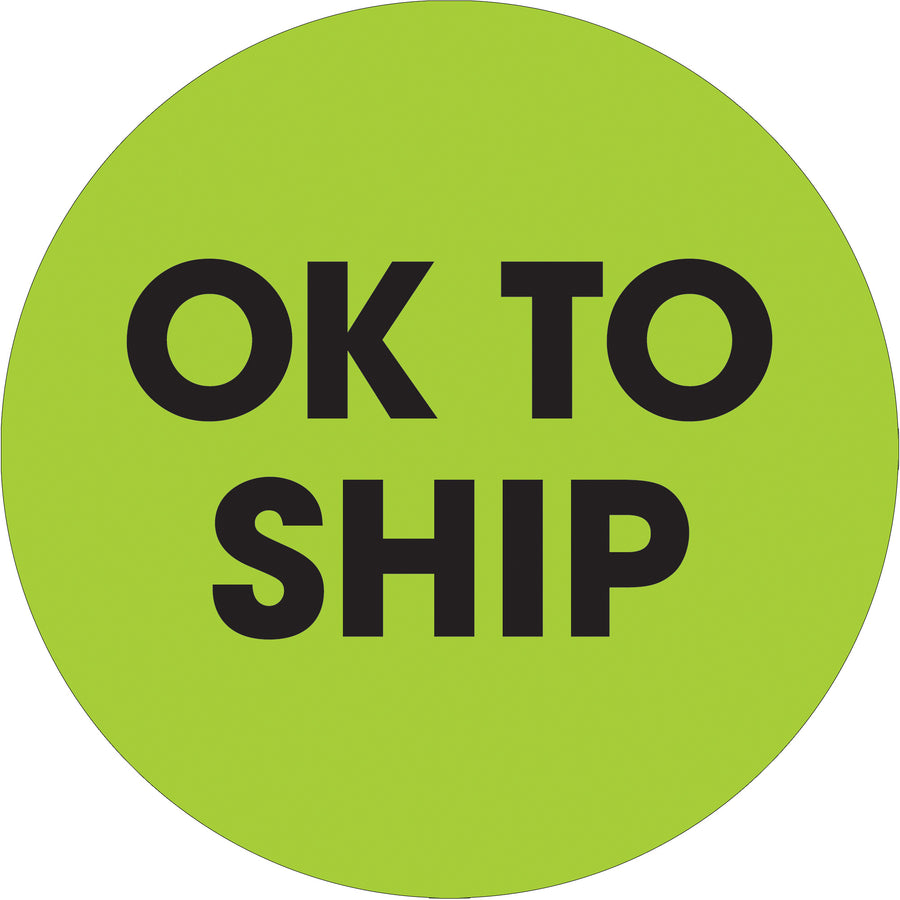 Bright fluorescent green 2" circle labels printed on high-gloss paper for maximum visibility in warehouses and shipping departments. Each roll contains 500 labels and pairs with compatible dispensers for rapid application. OSHA-compliant "OK to Ship" messaging ensures regulatory compliance and reduces shipping errors.