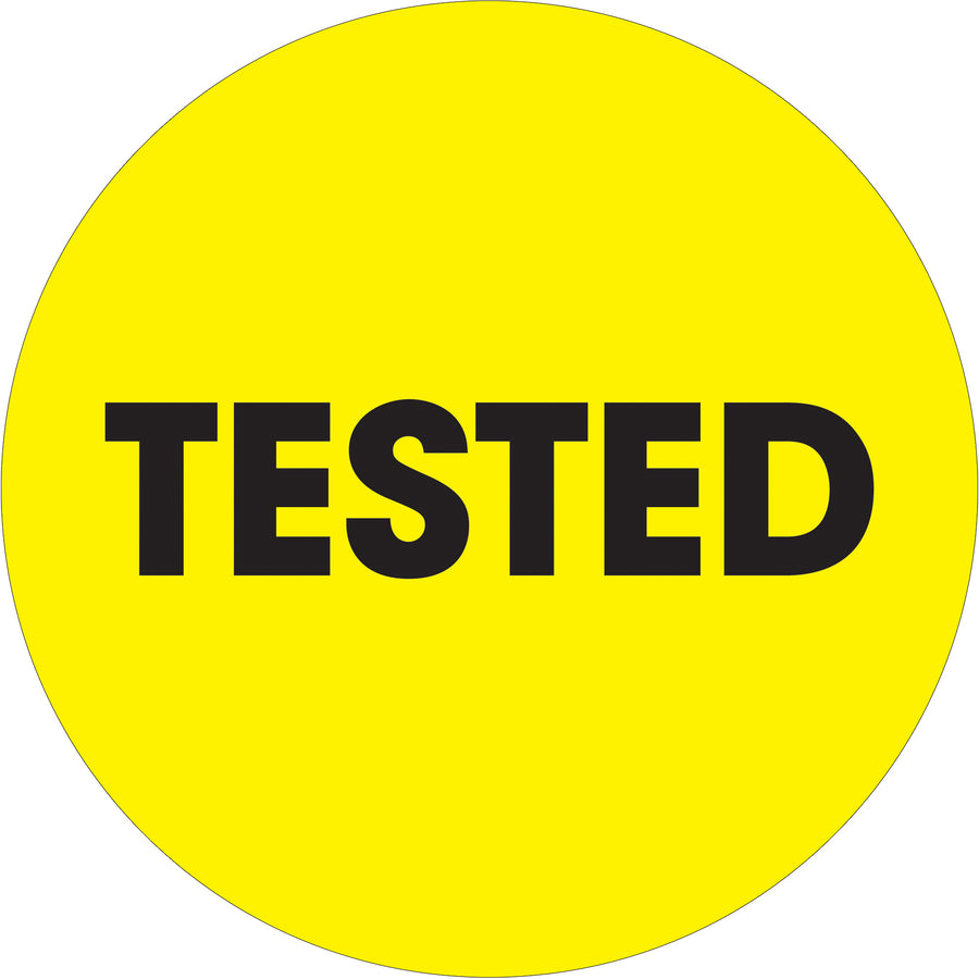 Enhance warehouse visibility and inventory accuracy with these 2" diameter fluorescent yellow circle labels printed on high gloss paper. Sold as a roll of 500 units, these pre-printed "Tested" labels are designed for quick identification and compliance documentation. Compatible with standard tabletop and wall-mount label dispensers for seamless warehouse operations.