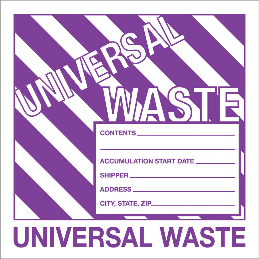 Ensure regulatory compliance with our 6" x 6" universal waste labels–500 per roll. Pre-printed in bold purple and white to meet DOT and EPA labeling requirements for hazardous waste containers, vehicles, and shipments. Essential for logistics teams managing disposal operations.
