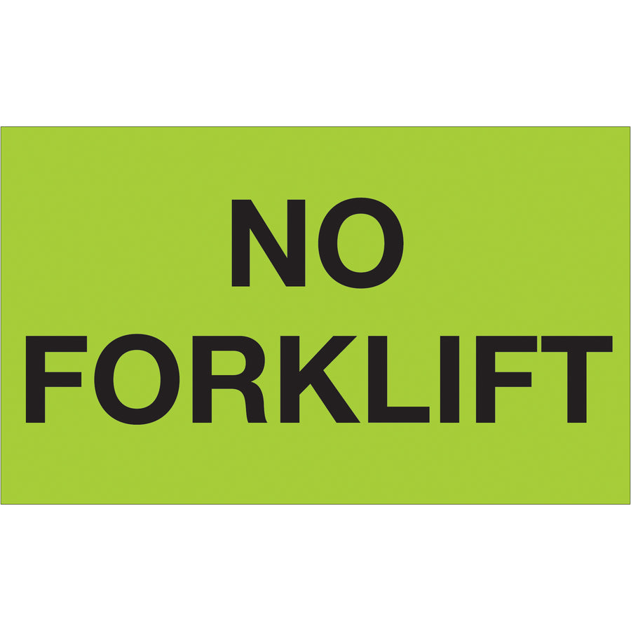 High-visibility 3x5" fluorescent green "No Forklift" labels printed on durable semi-gloss coated paper. Each roll contains 500 labels‚ideal for shipping coordinators who need immediate equipment handling identification. Compatible with popular tabletop and wall-mount dispensers for seamless warehouse integration.