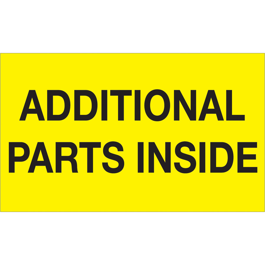Meet international shipping compliance with high-visibility 3x5 fluorescent yellow "Additional Parts Inside" labels. Printed on durable semi-gloss coated paper for reliability in enclosed packages. 500 labels per roll with compatible tabletop and wall-mount dispensers available.