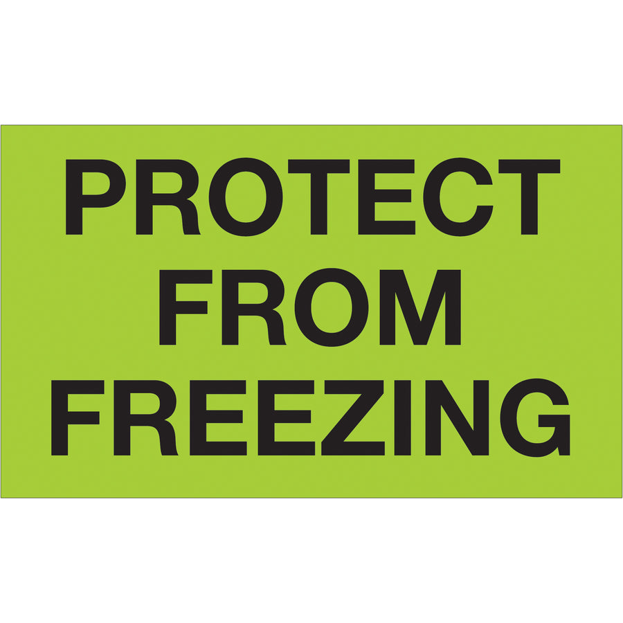 High-visibility 3x5 fluorescent green "Protect From Freezing" labels designed for international shipping compliance. Semi-gloss coated paper provides durability and professional appearance on temperature-sensitive packages. Roll of 500 labels with compatible dispensers for warehouse efficiency.