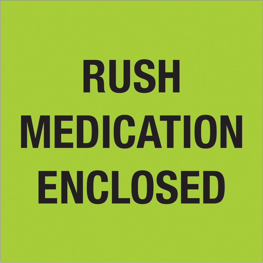 International-compliant RUSH medication shipping labels in high-visibility fluorescent green. 4x4" semi-gloss coated paper, 500-label rolls ensure consistent, professional identification across global logistics operations. Compatible with standard tabletop and wall-mount dispensers for seamless warehouse integration.