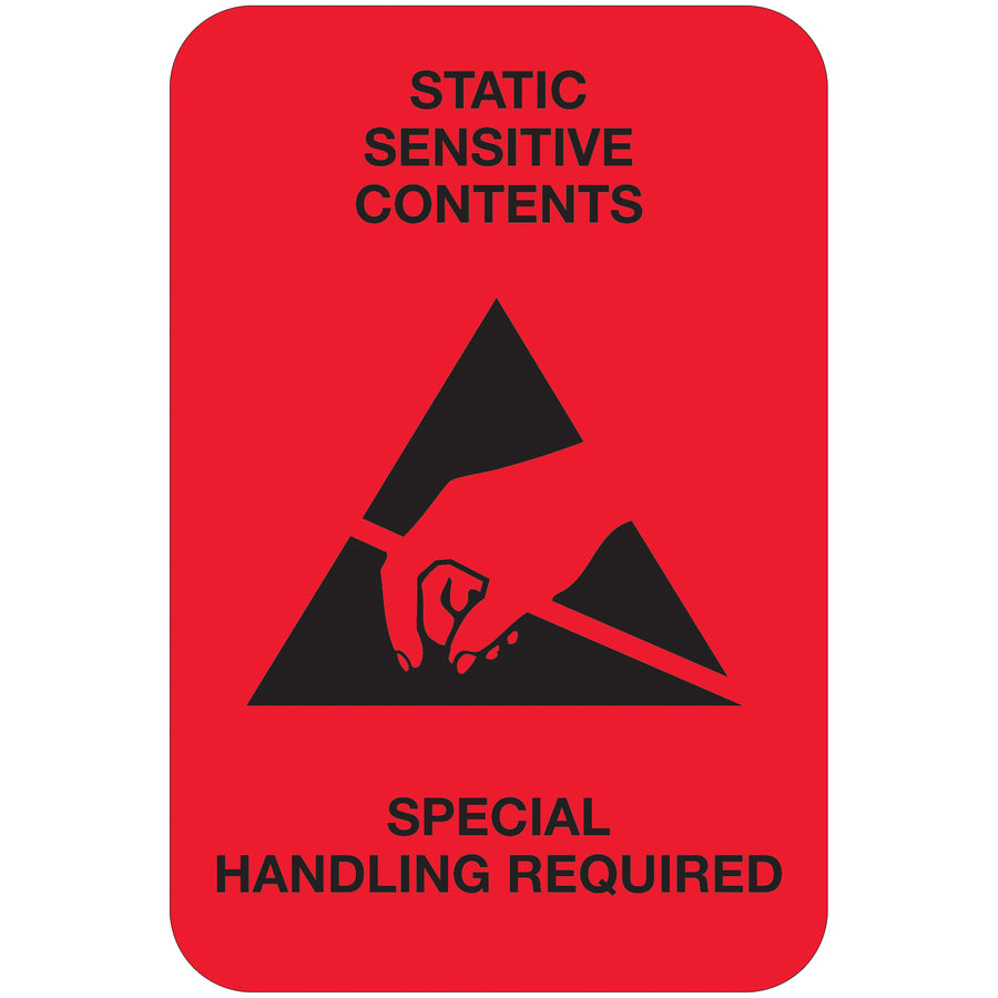 Internationally recognized 2x3" fluorescent red anti-static labels alert handlers to static-sensitive contents with high-visibility warning. Semi-gloss coated paper construction ensures durability through handling, storage, and international shipping. Sold as rolls of 500 with compatible tabletop and wall-mount dispensers in stock.