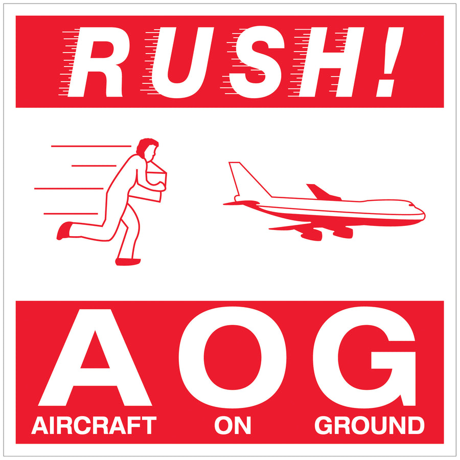 Maintain FAA and D.O.T. compliance with official Rush AOG labels designed for aircraft on ground operations. These 4x4" semi-gloss coated paper labels clearly identify critical shipments and hazardous materials handling requirements. Roll of 500 provides substantial stock for high-volume shipping departments.